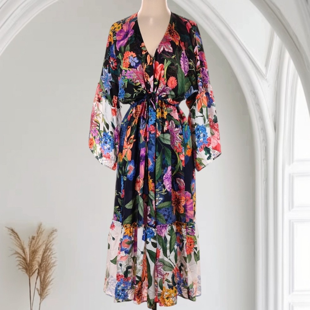 Johnny Was Neon Jungle Mix Tiered Dress Womens S Silk Blend Kimono Sleeve Floral